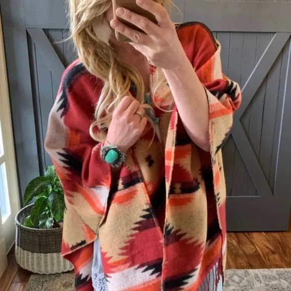 New Western Aztec Native Wrap Blanket Cardigan Sweater Ruana Women's Boho Vtg - Picture 8 of 11